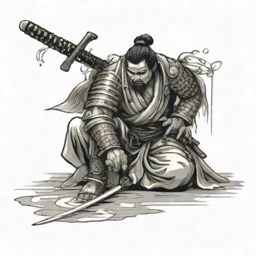 A Japanese samurai with one knee on the ground and a sword in his hand, with a typical outfit. makes it more mythical, with tattoo design idea
