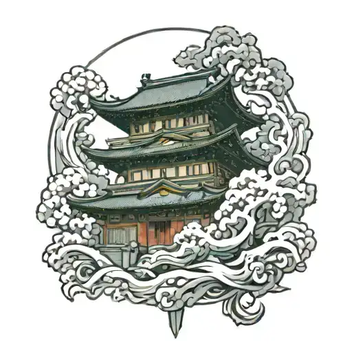 japanese temple surrounded tattoo design idea