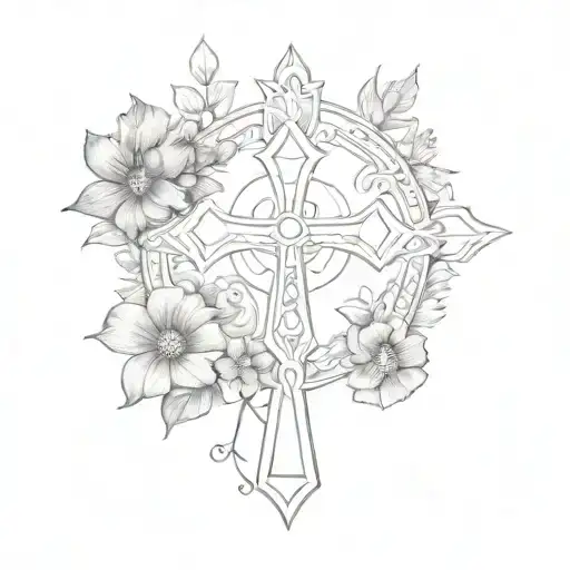 ankh symbol with small morning glory flower, small violet, small poppy, chrysanthemum, carnation, and aster flower  tattoo design idea