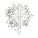 ankh symbol with small morning glory flower, small violet, small poppy, chrysanthemum, carnation, and aster flower  tattoo design idea