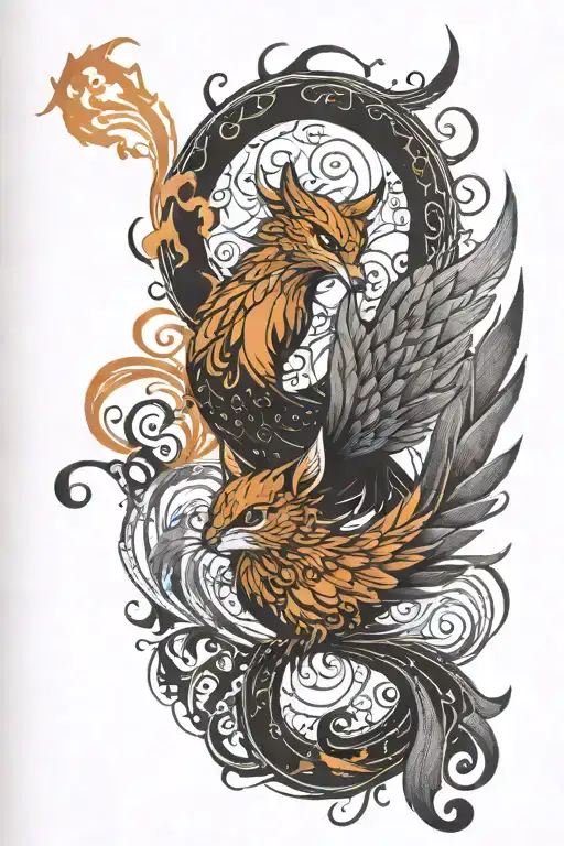 A phoenix and cat intertwined in a yin yang symbol tattoo design idea