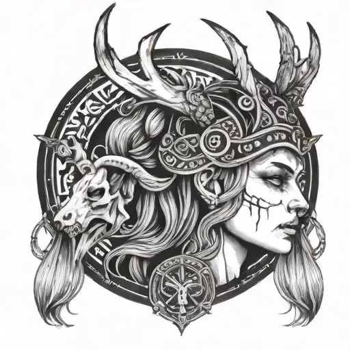 Viking woman with deer skull tattoo design idea