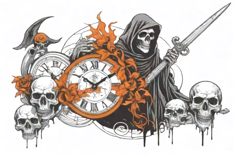 grim reaper holding a clock and a skull tattoo design idea