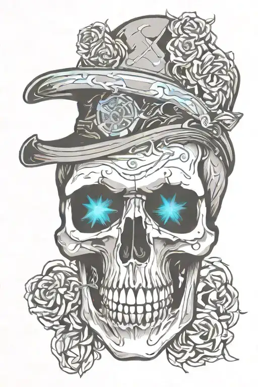Skull, smoke, cyan gem, fade, black grey style, scary tattoo design idea