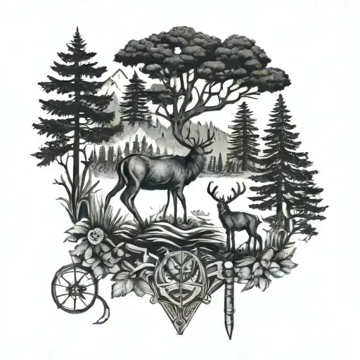 A detailed blackwork tattoo of a majestic buck and doe standing in a forest setting, surrounded by hunting gear and fishing equipment tattoo design idea