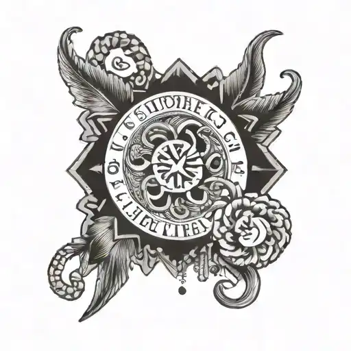 A traditional tattoo design showcasing the Scorpio symbol surrounded by intricate October and November birthstone patterns, all tied together with the words 'Best Bitches' tattoo design idea