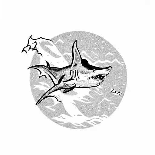 A detailed blackwork tattoo of a majestic shark swimming through a snow-covered mountain range tattoo design idea