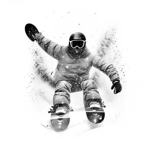 A black-grey tattoo of a fearless snowboarder carving through the slopes with an adrenaline rush tattoo design idea