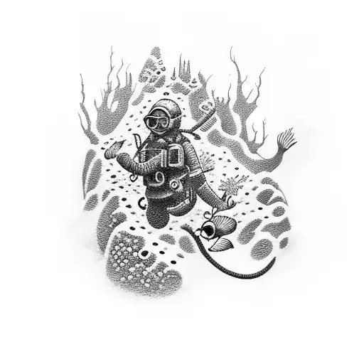 A dotwork tattoo of a diver exploring a mysterious underwater cave with hidden treasures tattoo design idea