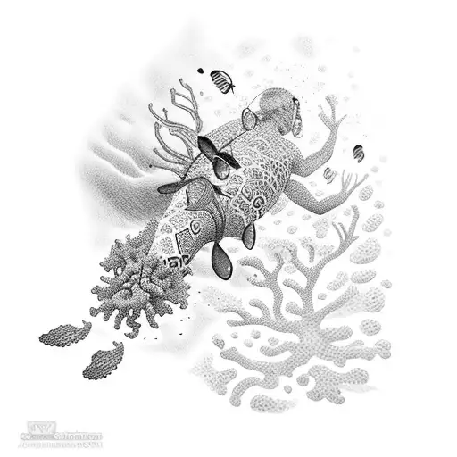 A dotwork tattoo of a diver surrounded by colorful coral reefs, capturing the beauty and tranquility of the ocean tattoo design idea