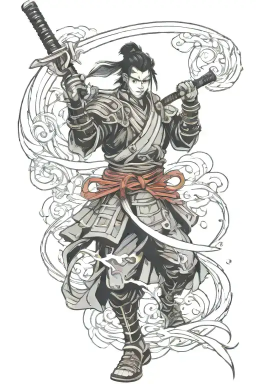 A futuristic samurai warrior wielding a glowing katana tattoo design idea