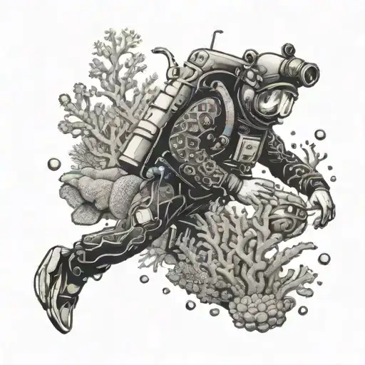 An intricate dotwork tattoo of a scuba diver exploring a coral reef, showcasing your passion for scuba diving tattoo design idea