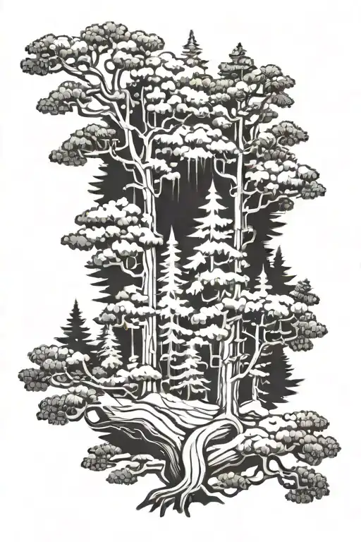 grey shad pine tree forest tattoo design idea