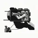 A camera man filming a sports event, with a subtle bow and arrow hidden in the background, reflecting the client's profession and interests tattoo design idea