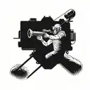 A camera man filming a sports event, with a subtle bow and arrow hidden in the background, reflecting the client's profession and interests tattoo design idea