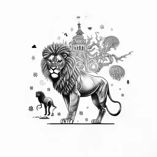 An intricate blackwork tattoo of a majestic lion surrounded by various animals from different habitats tattoo design idea