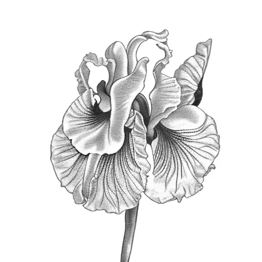 A black-grey tattoo of a manager's hand holding a small Iris flower with the date 14.03.2019 incorporated into the stem, symbolizing the growth and beauty that your daughter brings to your life. tattoo design idea