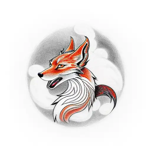 japanese nine tailed fox legend with its red marks and moon behind it tattoo design idea