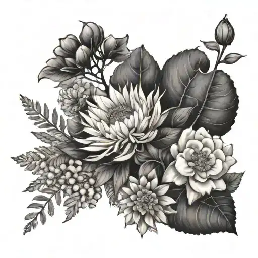 fern, cornflower, dandelion bud, jasmine and camellia tattoo design idea