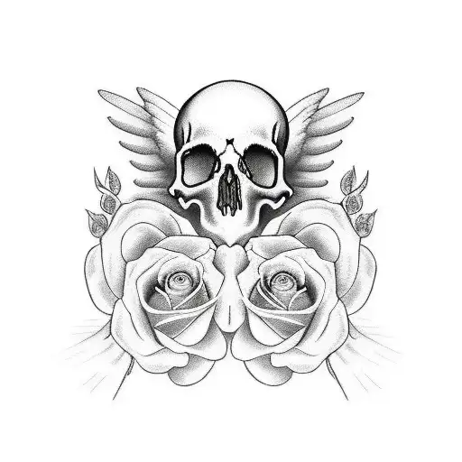 clouds angel skull roses  tattoo design idea