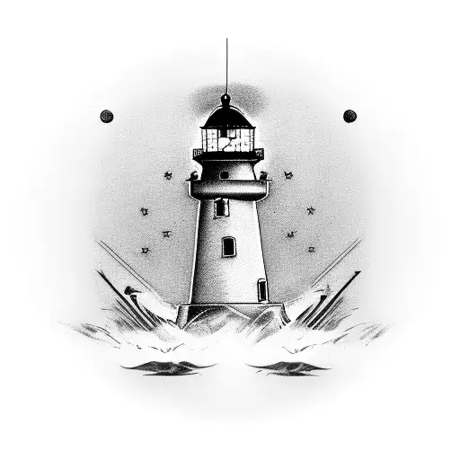 Create a tattoo design of an abstract monument-lighthouse with a pulsating human heart symbol at its base. The heart sym tattoo design idea