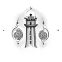 Create a tattoo design of an abstract monument-lighthouse with a pulsating human heart symbol at its base. The heart sym tattoo design idea