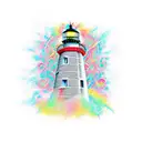 Create a tattoo design of an abstract monument-lighthouse with a pulsating human heart symbol at its base. The heart sym tattoo design idea