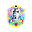 Create a tattoo design of an abstract monument-lighthouse with a pulsating human heart symbol at its base. The heart sym tattoo design idea