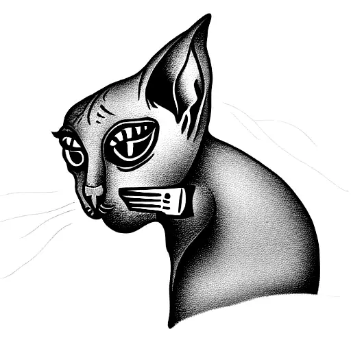sphinx cat holding a knife, cartoon style tattoo design idea