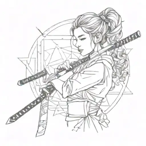 dotwork watercolor geometry knife katana girl holding katana tattoo design idea