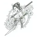 dotwork watercolor geometry knife katana girl holding katana tattoo design idea