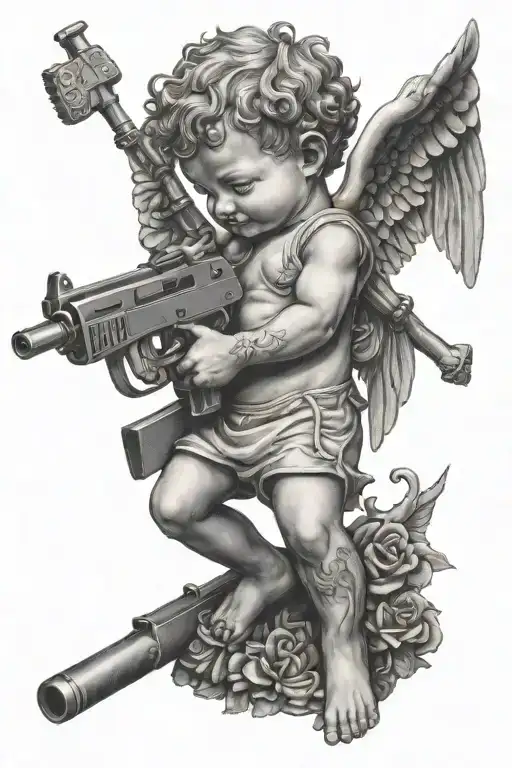 cherub with Mac 10 gun tattoo design idea