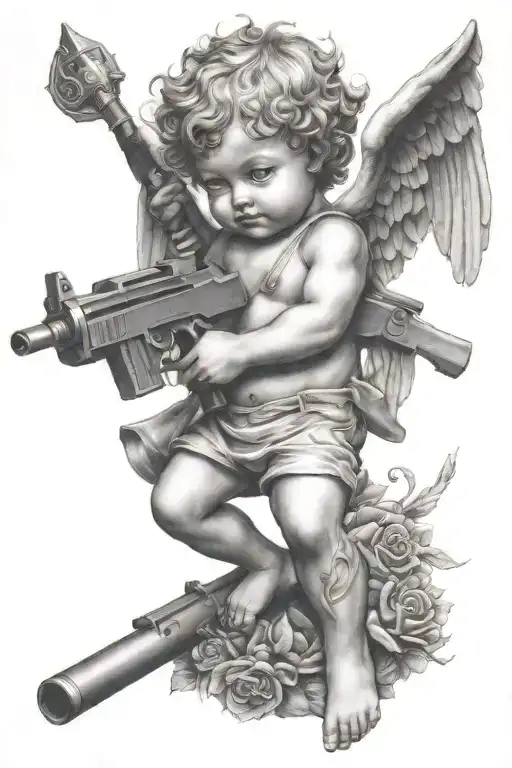 cherub with Mac 10 gun tattoo design idea