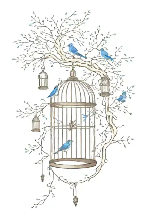 bluebird flying away from an open bird cage, attached to a willow tree. music notes hanging from tree like ornaments  tattoo design idea