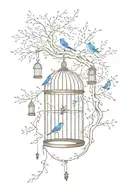 bluebird flying away from an open bird cage, attached to a willow tree. music notes hanging from tree like ornaments  tattoo design idea