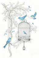bluebird flying away from an open bird cage, attached to a willow tree. music notes hanging from tree like ornaments  tattoo design idea