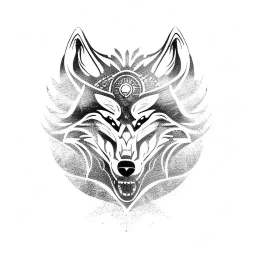 viking wolf head side view with viking compass fading into smokr tattoo design idea