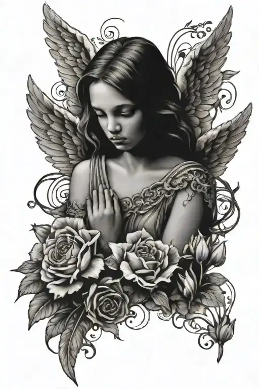 sad angel surrounded by flowers  tattoo design idea