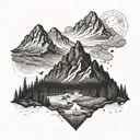 A dotwork design of a mountain range with hidden hiking trails and paths, symbolizing the client's love for exploration and adventure in the great outdoors tattoo design idea