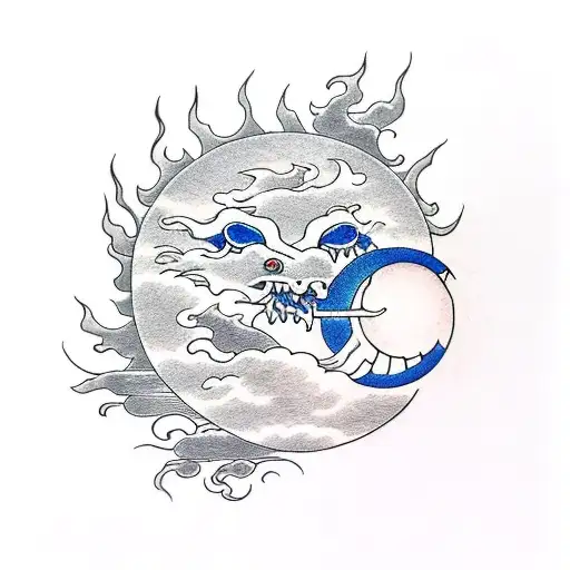 Dragon, sun, moon, beach, sky, flames, tattoo design idea