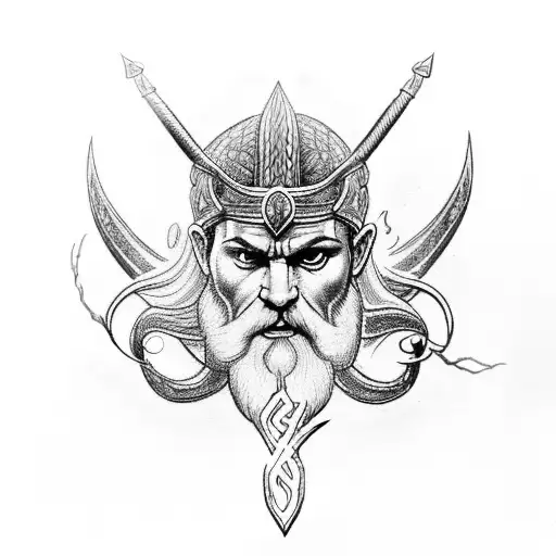 An intricate tattoo design of Zeus wielding his lightning bolt, intertwined with Norse runes symbolizing strength and power tattoo design idea