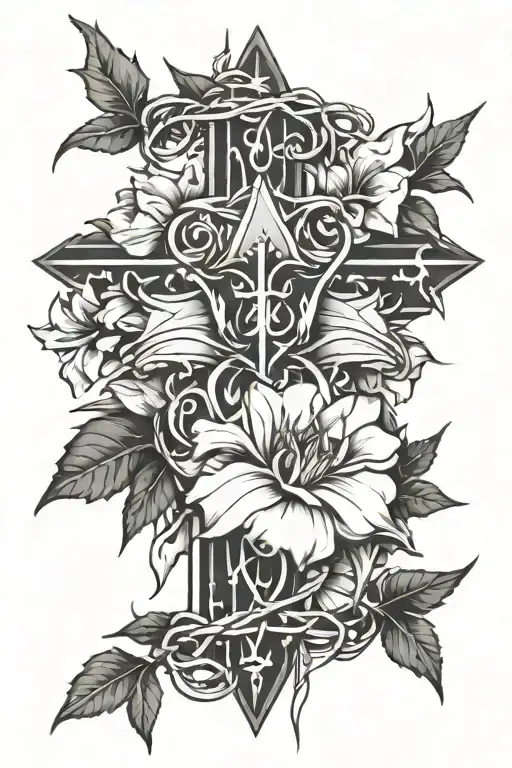  a cross through a crown of thorns surrounded by Lilly the valleys tattoo design idea