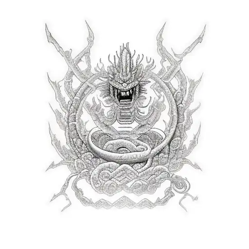 Qetzalcoaltl with a mix of shen long of dragon ball in a prehispanic style tattoo design idea