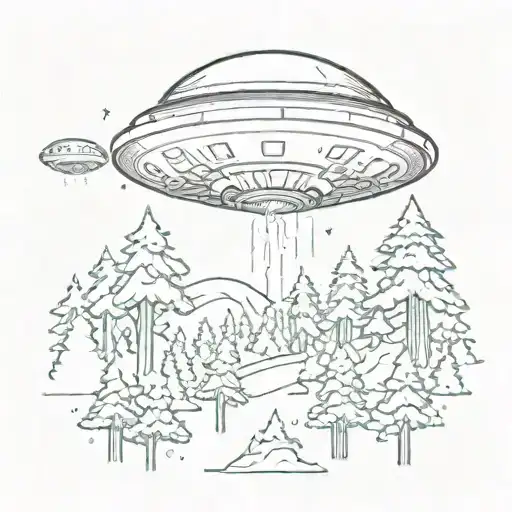 A UFO flying through a forest of trees in space tattoo design idea