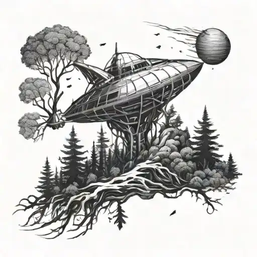 A spaceship exploring a mysterious haunted planet covered in trees tattoo design idea