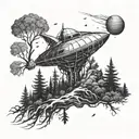 A spaceship exploring a mysterious haunted planet covered in trees tattoo design idea
