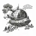 A spaceship exploring a mysterious haunted planet covered in trees tattoo design idea