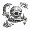 A spaceship exploring a mysterious haunted planet covered in trees tattoo design idea