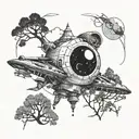 A spaceship exploring a mysterious haunted planet covered in trees tattoo design idea