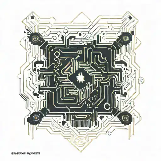 A cpu with runes instead of circuit lines leading away from it and ending in circles of runes and lines. tattoo design idea